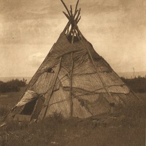 Sepia-toned image of a Yakima mat lodge taken by Edward Curtis, from Vol. VII. of his work, The North American Indian, 1911.