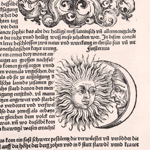 Text and engravings of sun and moon from a page in the Nuremberg Chronicle.