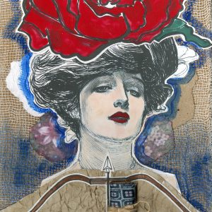 Image of a woman with large red rose on her head.