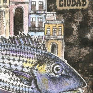 Hand-colored fish with cityscape behind.